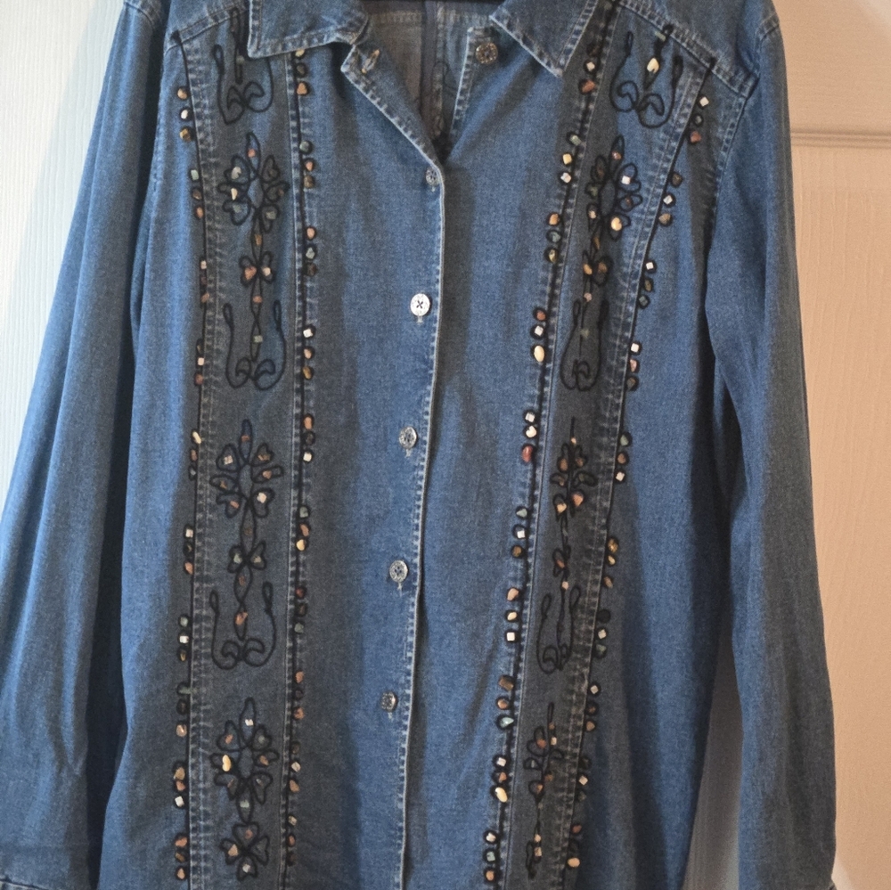Susan Graver Denim Jacket M Assorted Stones Embroidery Button Up Vintage